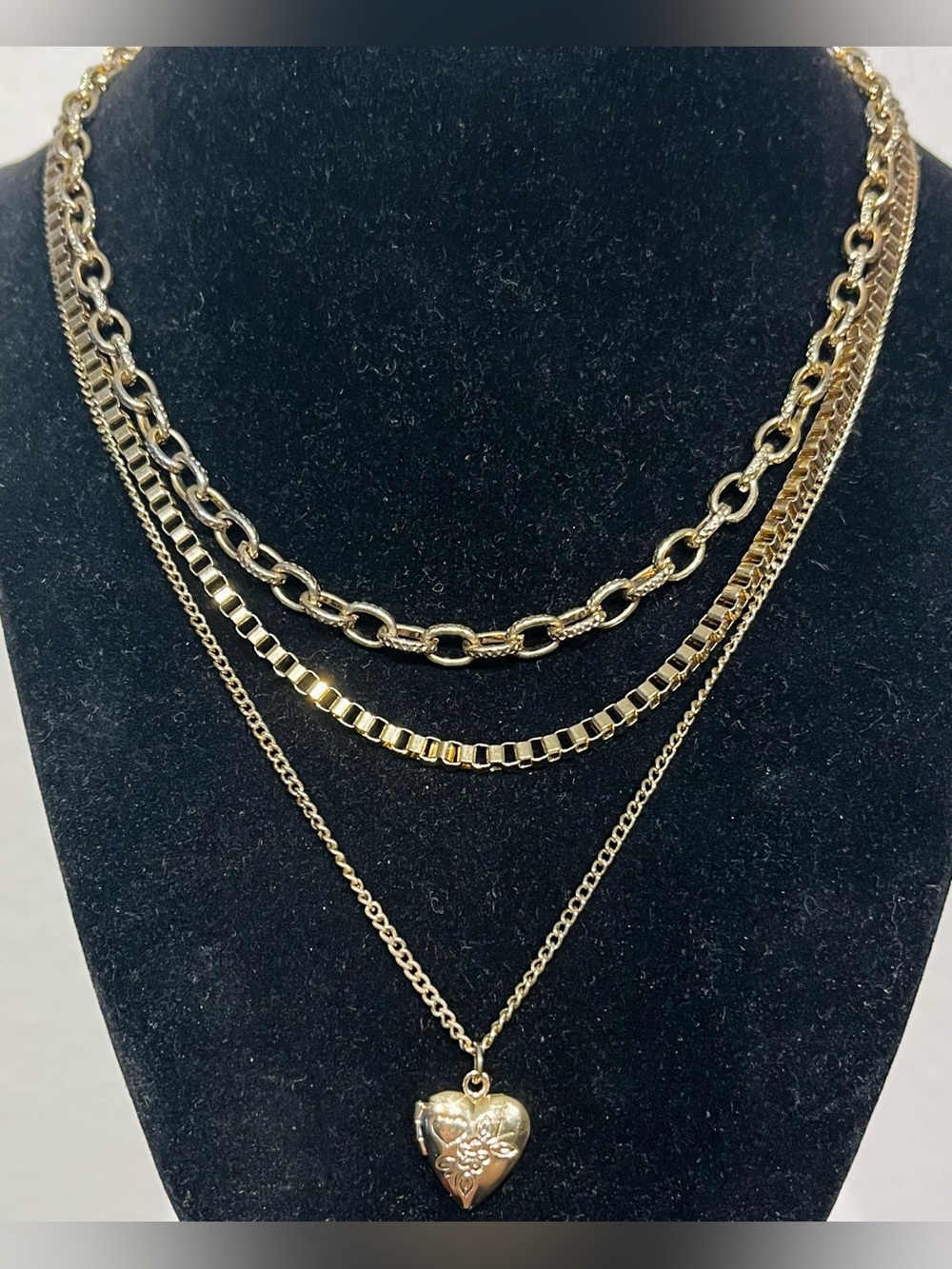 Gold Triple-Layer Heart Pendant Necklace
